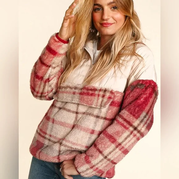 Taupe & Pink Half-Zip Plaid Hooded Sherpa Fleece & Puffer Winter Woman  Pullover - Picture 8 of 16